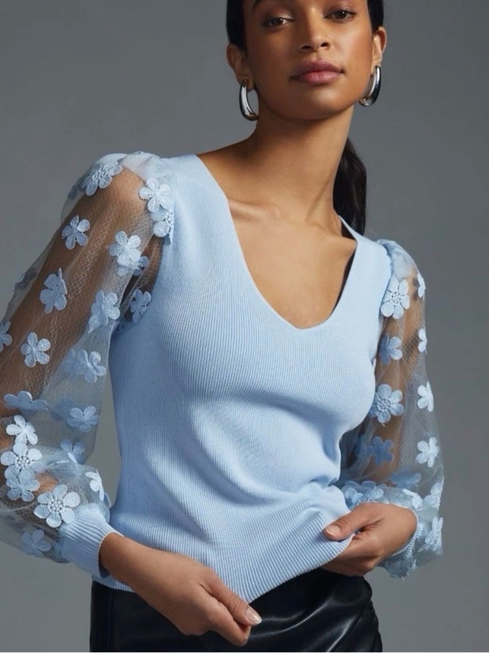 Anthropologie Dolan Light Blue Floral Applique Puff Sleeve Top